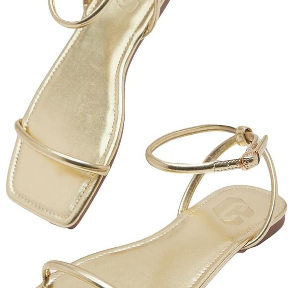 Women's Summer Gold Flat Sandals Square Open Toe Ankle Strap Slides - Picture 1 of 5